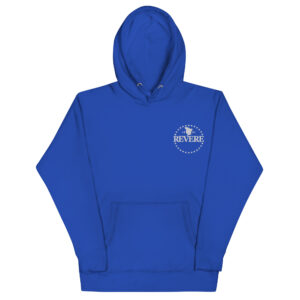 blue hoodie with white embroidered Revere logo