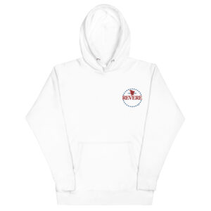 white hoodie with Red and Blue Revere embroidered logo