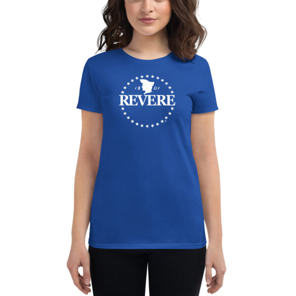 blue womens tshirt with white Revere logo