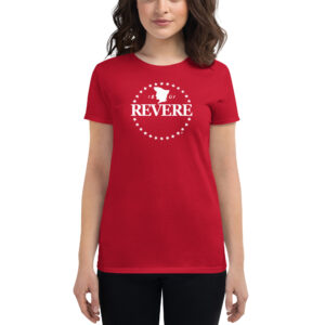 red womens tshirt with white Revere logo