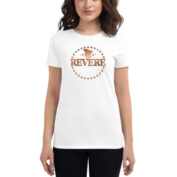 white womens tshirt with copper Revere logo