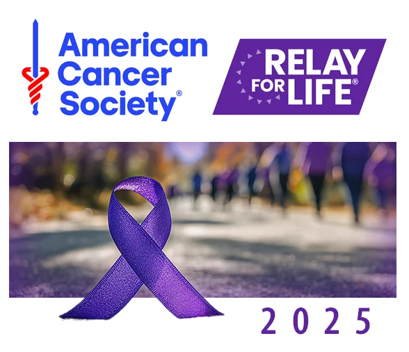 Relay For Life Pop Up graphic with purple ribbon and logo