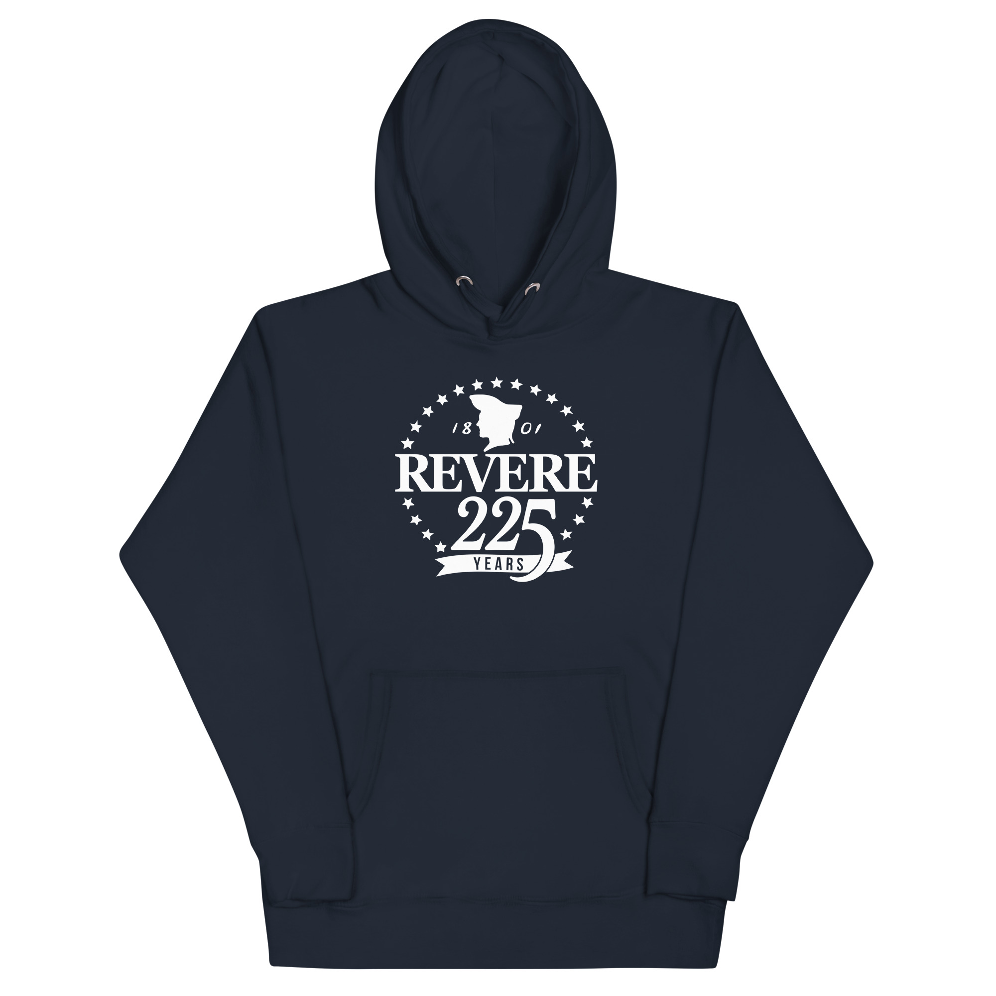 Navy Hoodie with white Revere 225th logo