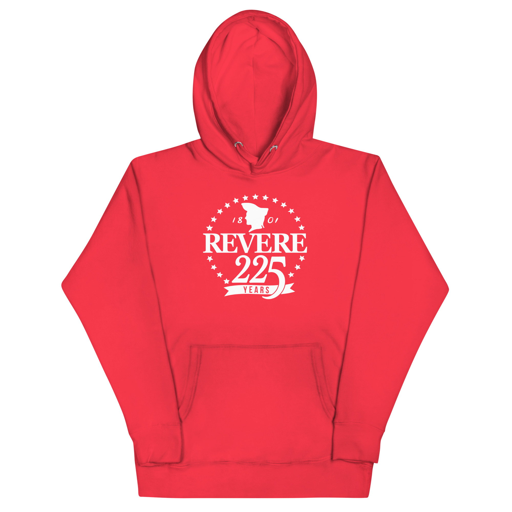 red hoodie with Revere 225th logo in white
