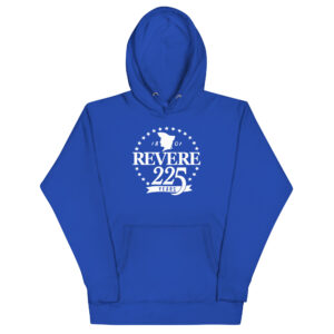 Blue hoodie with white Revere 225th logo