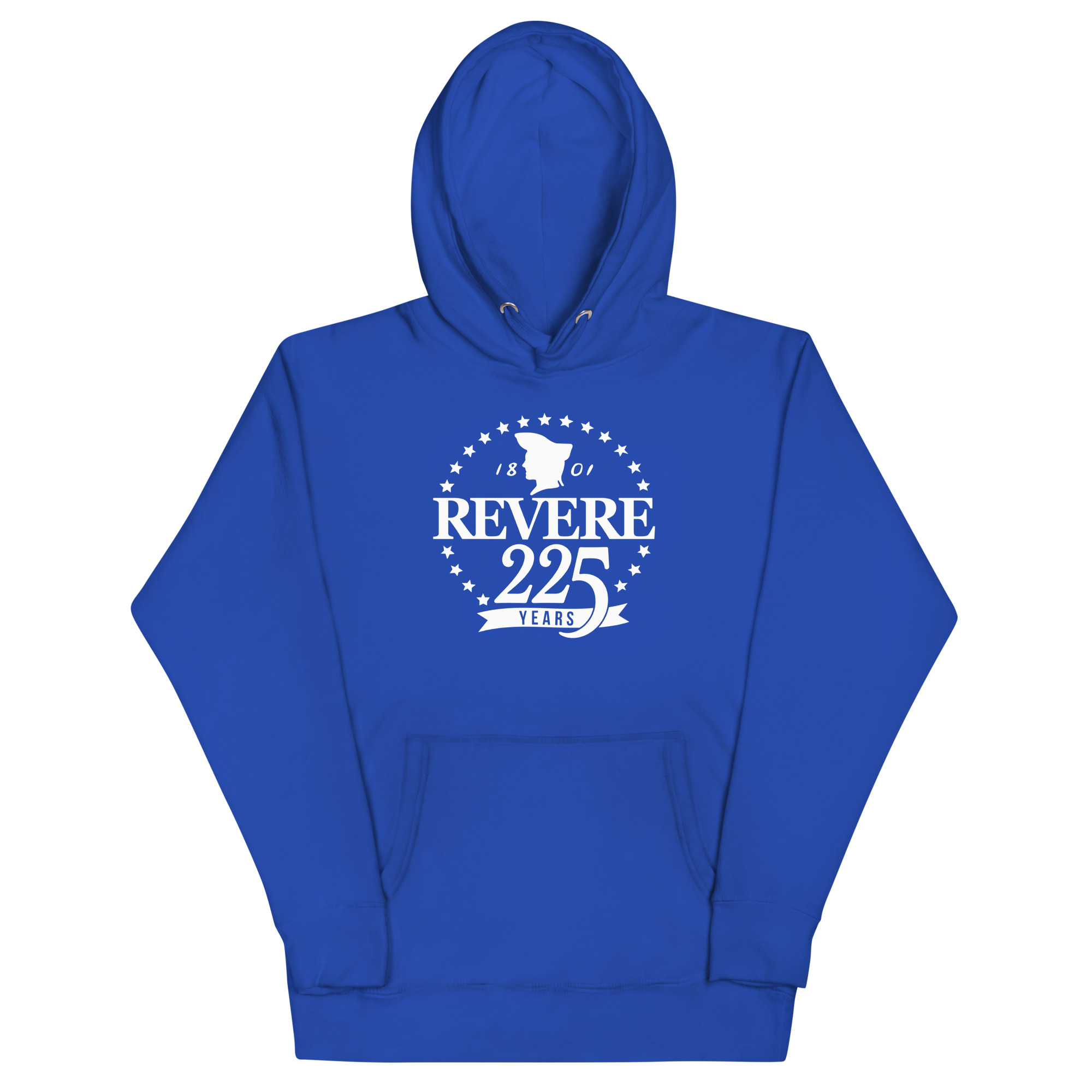 Blue hoodie with white Revere 225th logo