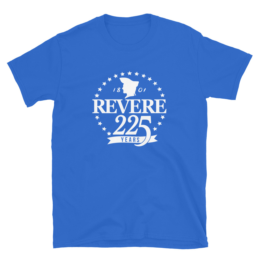 front of blue tshirt with Revere 225th logo