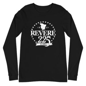 front of black long sleeve tshirt with Revere 225th logo
